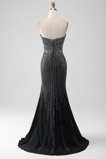 Black Glitter Mermaid Sweetheart Strapless Ball Dress with Slit